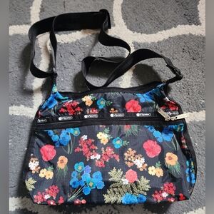 LESPORTSAC Forget-Me-Not Black Floral Adjustable Crossbody Shoulder Bag